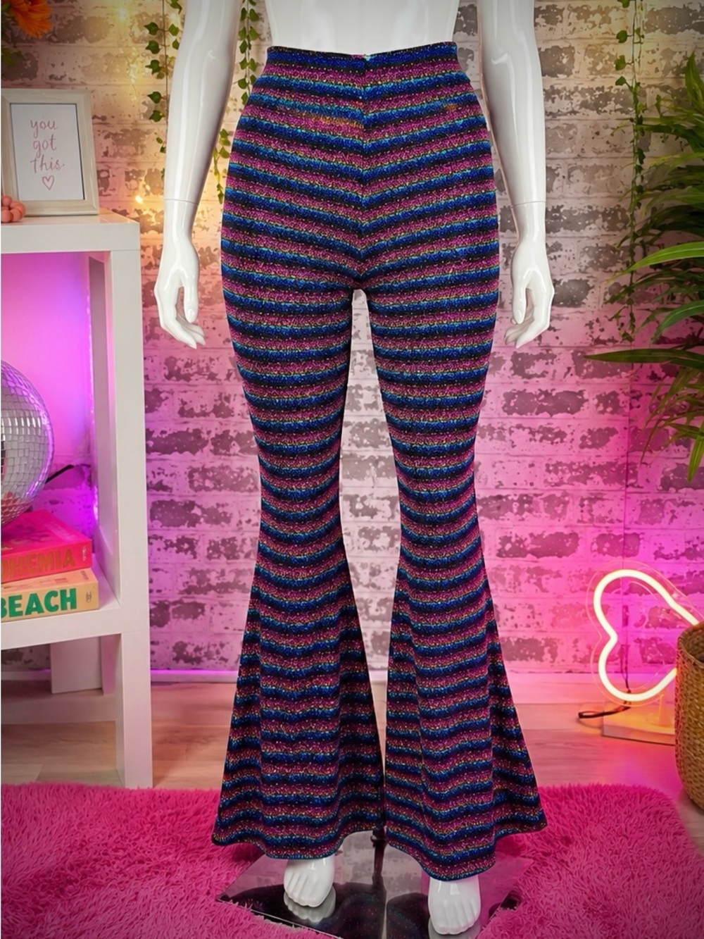 BruceGlen Metallic Rainbow Stripe Flare Pants – Size L